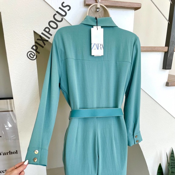 ZARA LONG BELTED JUMPSUIT TURQUOISE BLUE - Picture 12 of 13